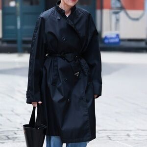 Prada Black Re Nylon long Trench Coat with triangle logo belt size 40 $4000